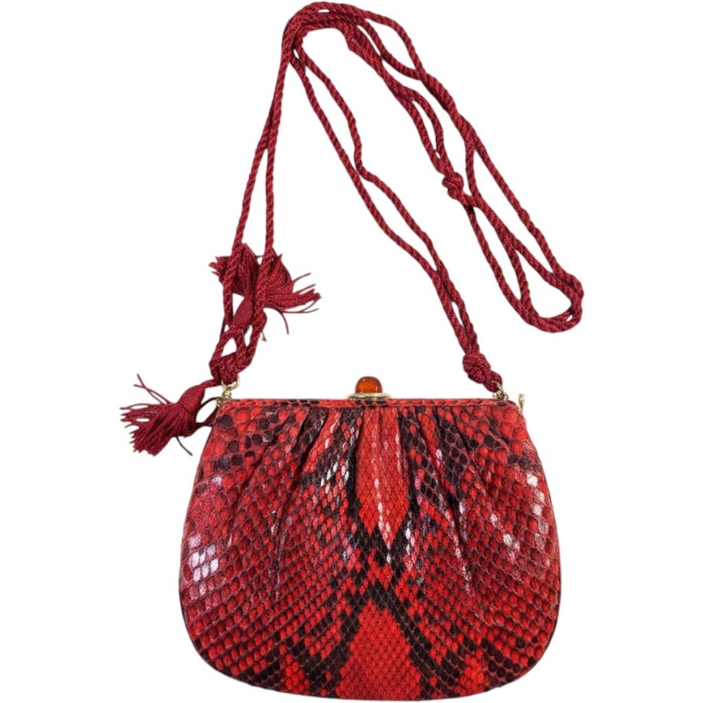 Judith Leiber Snakeskin Crossbody Bag Red Gemstone Clasp Tassel Vintage READ